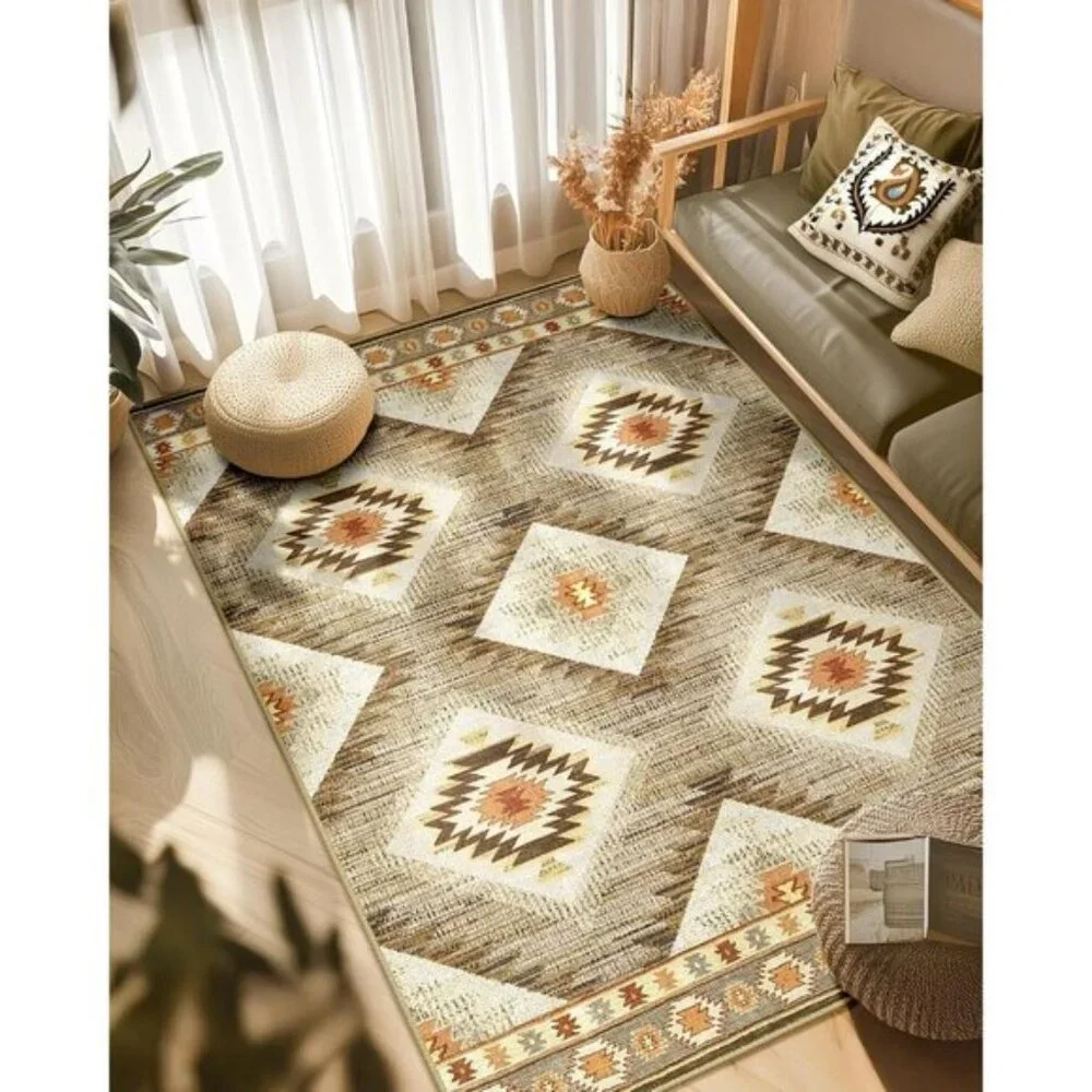 5x7 Cream Camel Rug, Washable Western Print Low Pile Non-Slip Carpet for Home